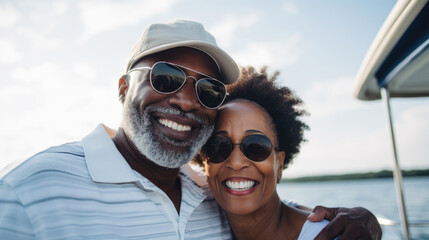 Smiling middle aged black couple enjoying leisure sailboat ride in summer - obrazy, fototapety, plakaty