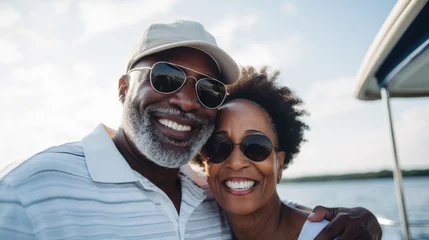 Gordijnen Smiling middle aged black couple enjoying leisure sailboat ride in summer © dvoevnore