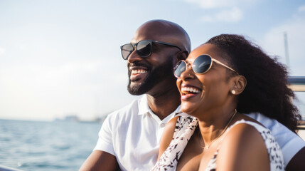 Smiling young african american couple enjoying holiday sailboat ride in summer