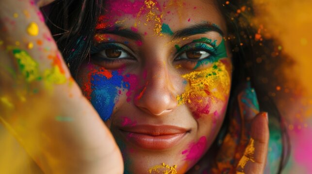 Colorful Indian Woman with Painted Face and Hand. Fictional Character Created By Generated By Generated AI.
