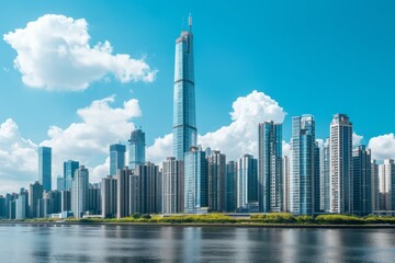 Modern city skyline with skyscrapers and clear blue sky reflected in calm water.