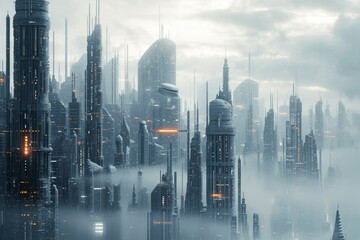 Futuristic cityscape shrouded in mist with towering skyscrapers and soft light.