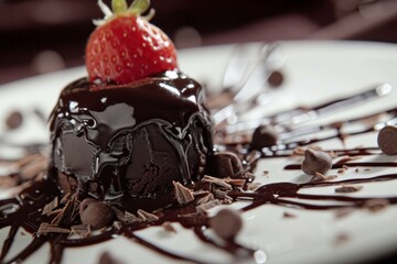 Decadent chocolate lava cake topped with a fresh strawberry and drizzled with rich chocolate sauce, garnished with chocolate chips.