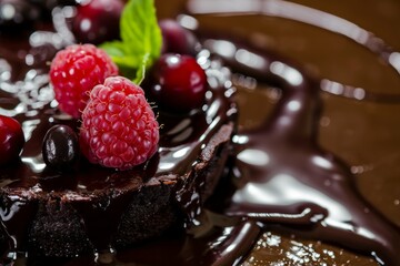 Decadent chocolate cake topped with fresh raspberries and glossy chocolate sauce, perfect for dessert menus.