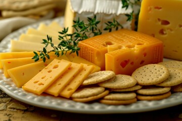 Assorted cheese platter with crackers and fresh thyme on a rustic table.