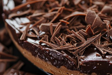 Close-up of a chocolate tart garnished with chocolate shavings.