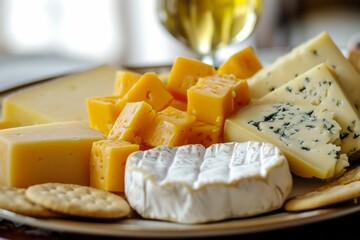 Assorted cheese platter with crackers and wine glass in background.