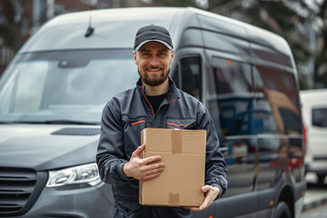 Male courier smiling with a cardboard box against a modern delivery van. Professional portrait with a vehicle. Express delivery service concept. Design for banner, poster, advertisement.