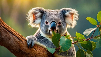 Fototapeten Koala Bear Sit On The Branch of the tree and eat leaves 4K Wallpaper © Sumbul