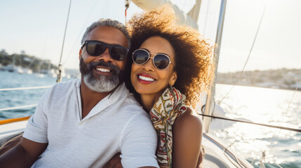 Smiling middle aged black couple enjoying leisure sailboat ride in summer