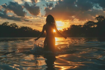 A serene image capturing a woman's silhouette against a vibrant sunset while standing in calm waters. - Powered by Adobe