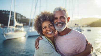 Smiling middle aged mixed race couple enjoying sailboat ride on summer day - obrazy, fototapety, plakaty