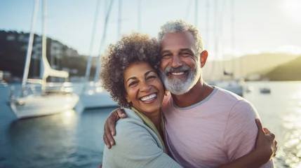Zelfklevend Fotobehang Smiling middle aged mixed race couple enjoying sailboat ride on summer day © dvoevnore