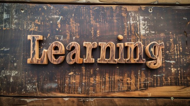 Wooden Teak Education concept creative horizontal art poster. Photorealistic textured word Learning on artistic background. Ai Generated Knowledge and Tutoring Horizontal Illustration.