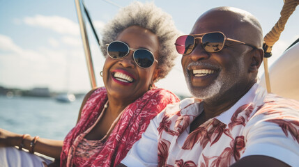 Smiling mature black couple enjoying leisure sailboat ride in summer