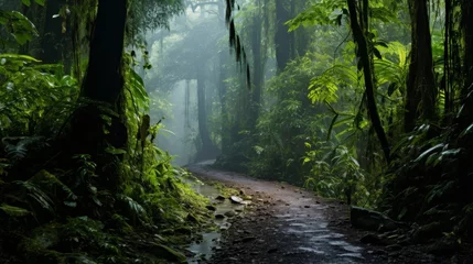 Fotobehang Vibrant rainforest canopy teeming with exotic birds, monkeys, and hidden wildlife © Philipp