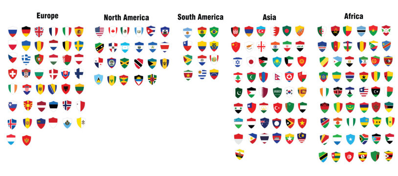 All national flags of the world with shield, all world shield flags