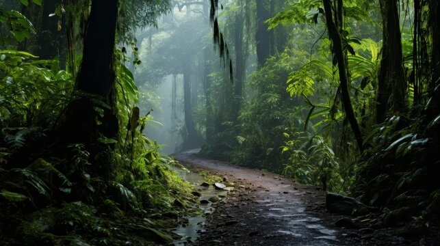 Vibrant rainforest canopy teeming with exotic birds, monkeys, and hidden wildlife