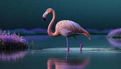 Flamingo Stand in The Water With Beautiful background Nature 4K Wallpaper  - obrazy, fototapety, plakaty