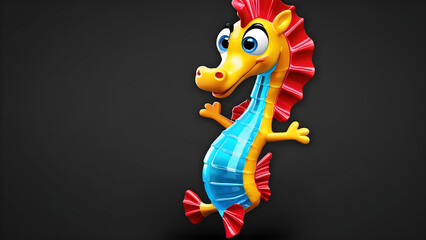 A cheerful cartoon sea horse with a comically happy face, is depicted against a sleek black background. sea horse cartoon illustration