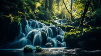 Majestic waterfall cascading down rocky cliff into clear pool surrounded by lush greenery.