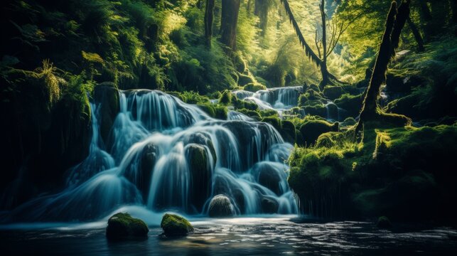 Majestic waterfall cascading down rocky cliff into clear pool surrounded by lush greenery.
