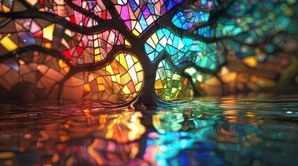 stained glass window with a tree