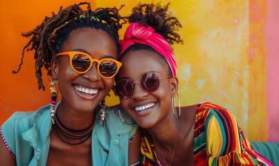 Two black women, a couple and friends, from the LGTQ+ community, share smiles in casual wear against a vibrant yellow background, radiating warmth, friendship, and diversity.
