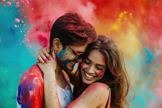 A young couple embraces and shares a kiss amidst colorful paint. Fictional Character Created By Generated By Generated AI.