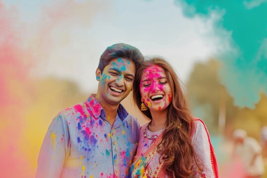 A joyful moment of a man and woman posing for a picture with colorful paint splattering their faces and clothes.. Fictional Character Created By Generated By Generated AI.