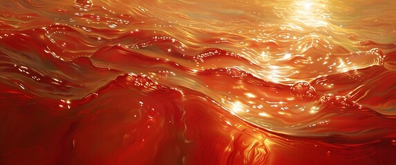 red waves on golden , A dreamy dance of soft light, in the style of sparkling water reflections