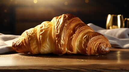Delicious breakfast. Delicious, crispy croissant on the table. An addition to coffee or tea. Snack.