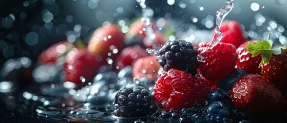A vibrant display of fresh berries including strawberries, raspberries, and blackberries being splashed with water droplets