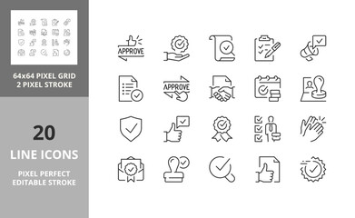 Line icons about approval and certified. Editable vector stroke. 64 and 256 Pixel Perfect scalable to 128px...