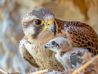 Close-up of a falcon caring for its chick in the nest.