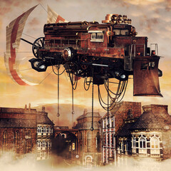 Fantasy steampunk flying machine over a street of an old town with industrial buildings.  Made from 3d elements and painted parts. No AI used.  - 747080575
