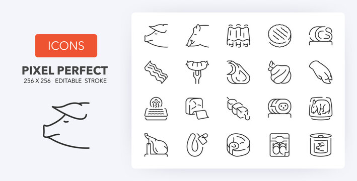 Pork meats products, thin line icon set. Outline symbol collection. Editable vector stroke. 256x256 Pixel Perfect scalable to 128px, 64px...