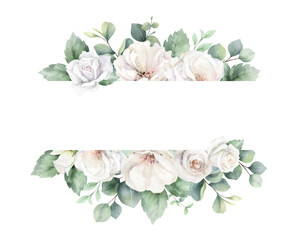 White roses and eucalyptus branches. Watercolor vector floral banner. Wedding stationary, greetings, wallpapers, fashion, home decoration. Hand painted illustration. - 747080703