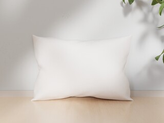 Pillow mockup, rectangular white pillow near a wall, 3d