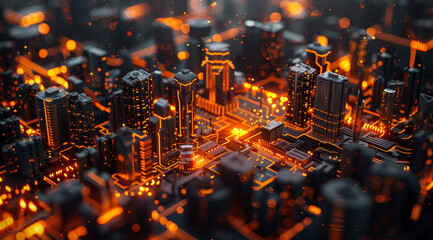 an abstract image of modern city, lit up in orange, in the style of hard surface modeling, circuitry, title shift, spot metering