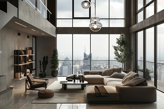 Modern living room interior with panoramic window