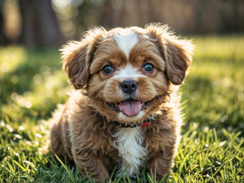 A brown and white small dog sitting on the grass