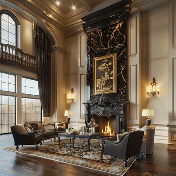 Interior of a huge living room in classic style