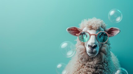 Sheep in stylish sunglasses on pastel background with space for text customization.