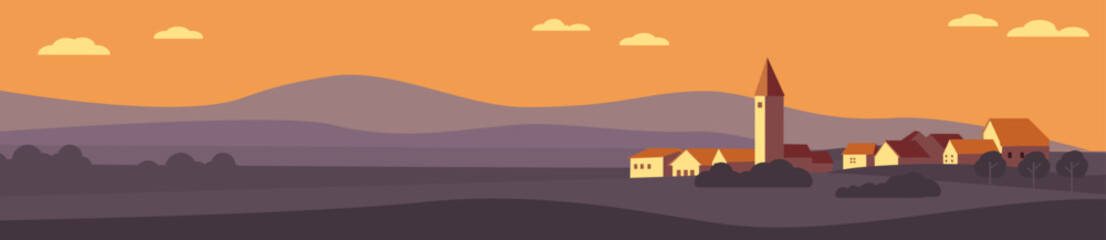 Naklejka premium Vector skyline bakground illustration,sunset in the mountains with houses