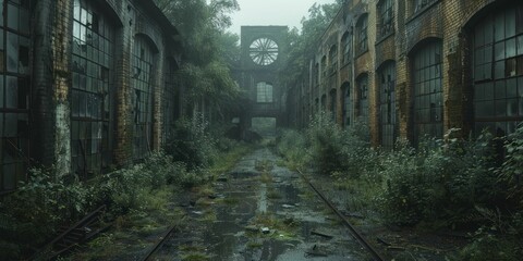 Abandoned Industrial Giants: Nature claims space in deserted factories with rusting machines and silent belts. - obrazy, fototapety, plakaty