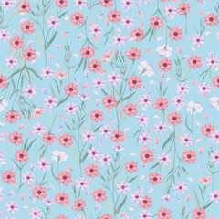 Cute floral pattern. Seamless vector texture. An elegant template for fashionable prints. Print with lilac and pink flowers on a blue background.