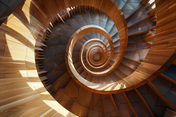 From a bird's-eye view, a spiral staircase ascends upwards in the daylight. The staircase's intricate design creates a mesmerizing pattern. A sense of movement and energy is conveyed