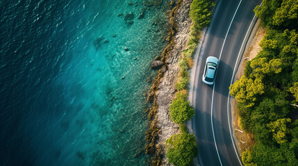 A sleek electric car cruises on a road surrounded by the sea, captured from a top-down aerial perspective. AI generative creativity. - obrazy, fototapety, plakaty