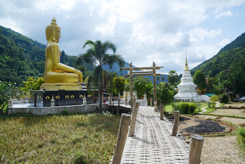 Bamboo bridge to the white pagoda and Phra Chao Ton Luang, a large outdoor golden Buddha statue. Sitting prominently in the middle of a rice field at Na Khuha Temple there are beautiful natural places
